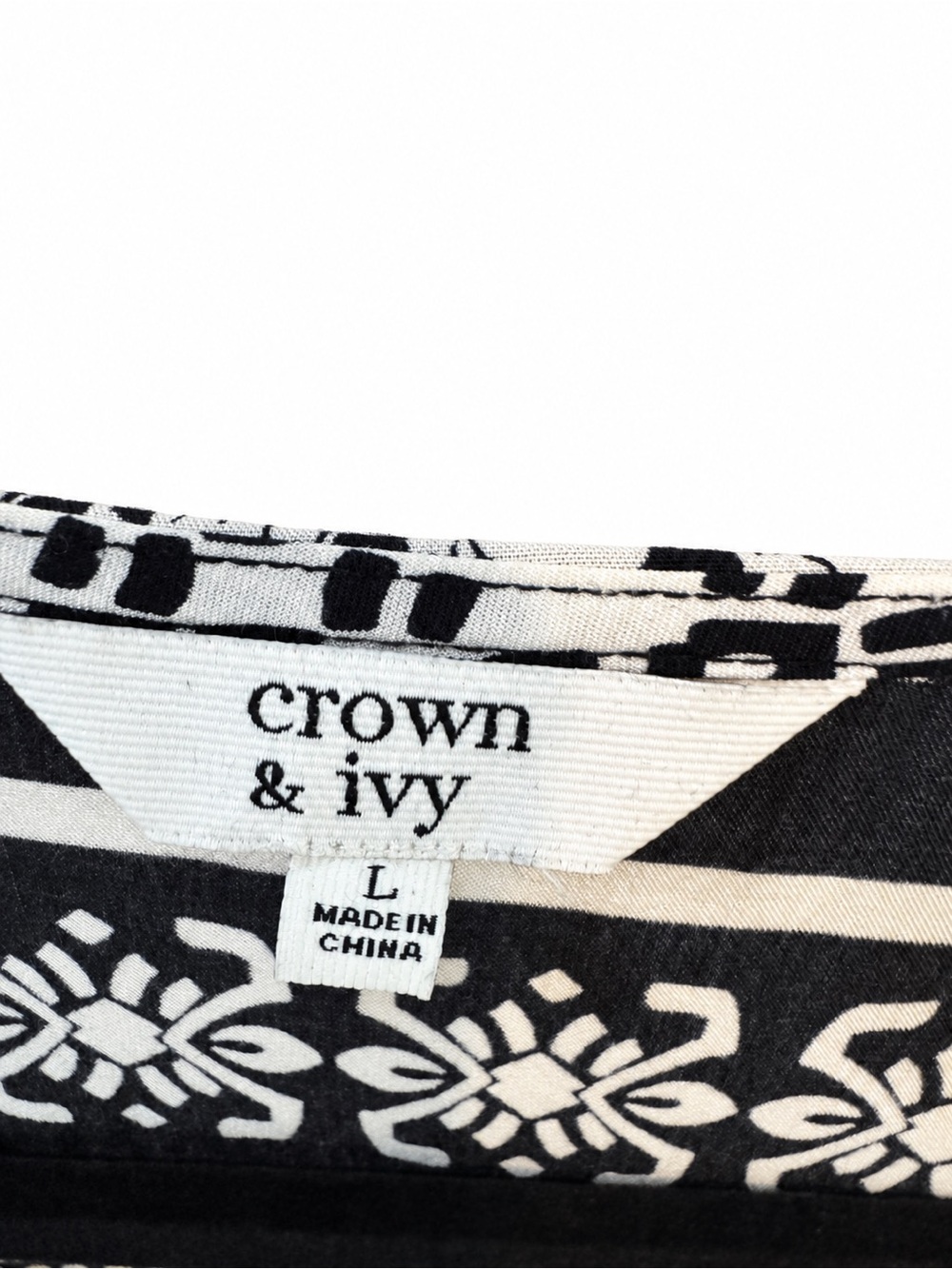 Crown & Ivy Elephant Print Velvet Trim Lace Up Tunic Blouse Black White L - Picture 2 of 6